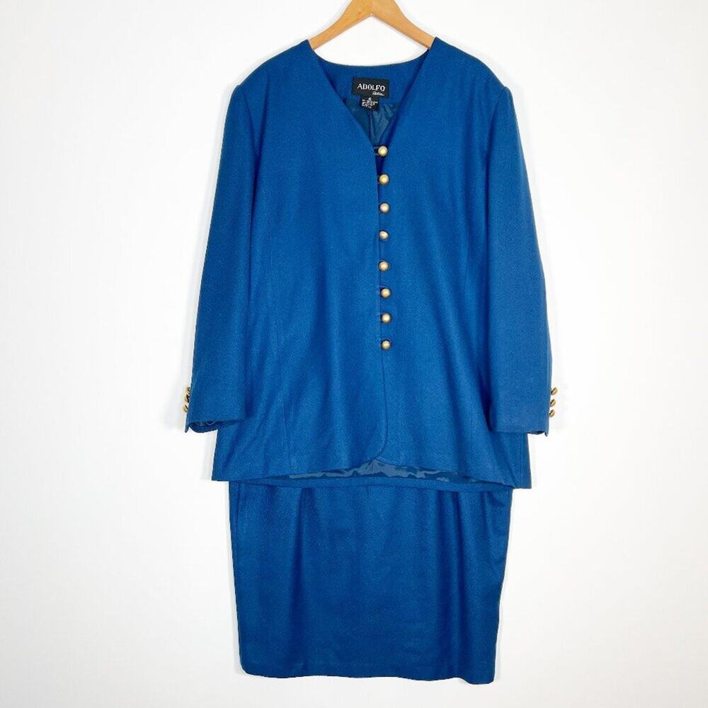 Adolfo Atelier Vintage Blue Gold Blazer Jacket Skirt Suit 2pc Set Womens 16